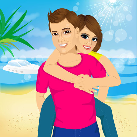 Happy couple in love on beach summer vacations. Joyful girl piggybacking on young caucasian boyfriend playing and having fun in sunny tropical destination for travel holiday.のイラスト素材