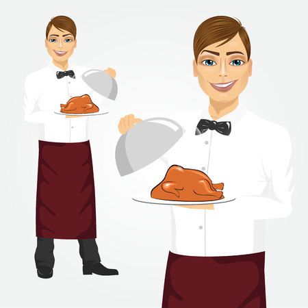 Portrait of young handsome waiter with tray serving roasted poultryのイラスト素材