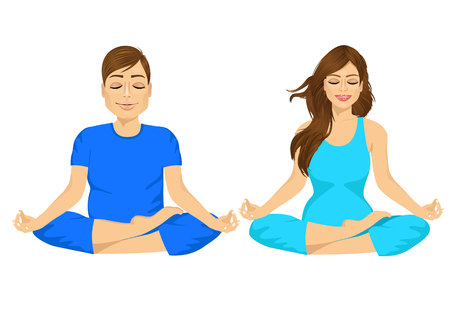 portrait of man and woman sitting in yoga pose. Fitness, sport, training and lifestyle conceptのイラスト素材
