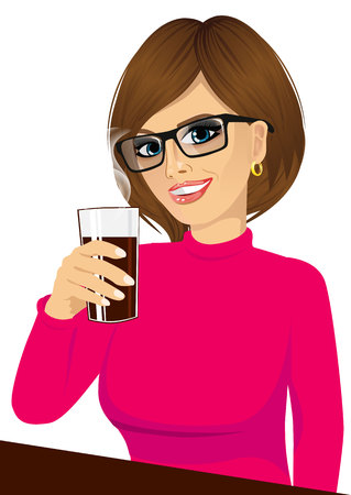 portrait of beautiful brunette young girl with glasses smiling and holding drink glass sitting on tableのイラスト素材