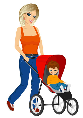 beautiful single blonde mather pushing stroller with cute little boyのイラスト素材
