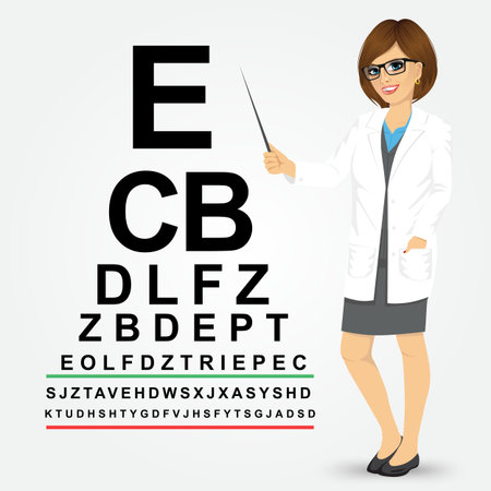 Attractive professional female optician pointing to snellen chart isolated on white backgroundのイラスト素材