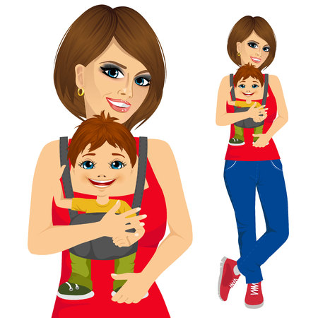 portrait of mother holding little boy with baby carrier isolated on white backgroundのイラスト素材