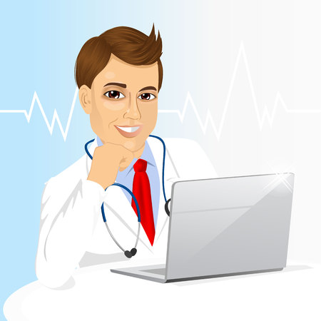 Portrait of young doctor using his laptop computer isolated on white backgroundのイラスト素材