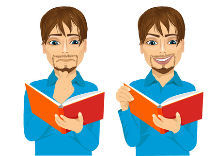 portrait of handsome man focused reading interesting book with hand on chin and smilingのイラスト素材