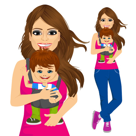 portrait of mother holding little boy with baby carrier isolated on white backgroundのイラスト素材