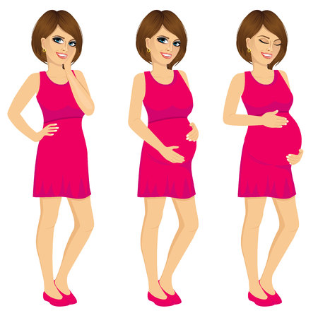 Attractive pregnant woman in purple dress showing pregnancy growing process touching her bellyのイラスト素材