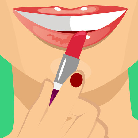 close up of woman applying red lipstick on her lipsのイラスト素材
