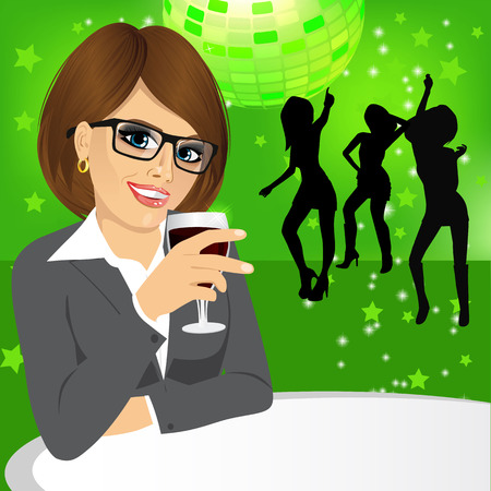 side view of business woman with glasses drinking wine during a disco partyのイラスト素材