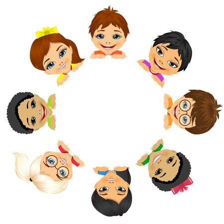 multi ethnic group of children holding a white round billboardのイラスト素材