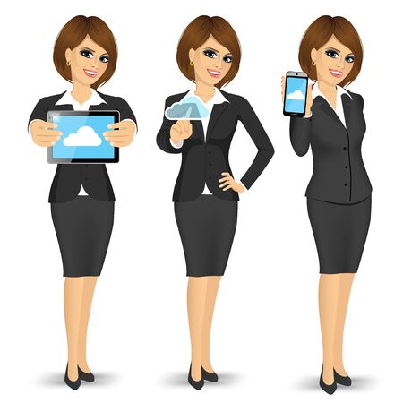 portrait of beautiful young businesswoman using cloud computing on different devices isolated on white backgroundのイラスト素材