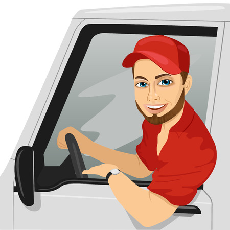 Smiling truck driver in the car. Delivery cargo serviceのイラスト素材