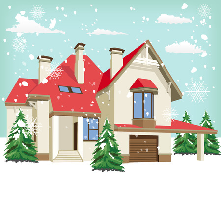 The front of typical American home in winterのイラスト素材