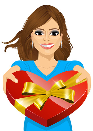 portrait of beautiful woman handing over a heart shaped box filled with chocolatesのイラスト素材
