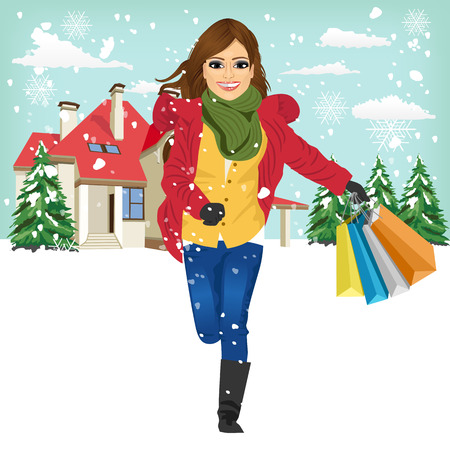 Christmas shopping woman with gift bag running joyful from winter houseのイラスト素材