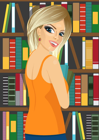 portrait of attractive blonde librarian woman in library holding booksのイラスト素材
