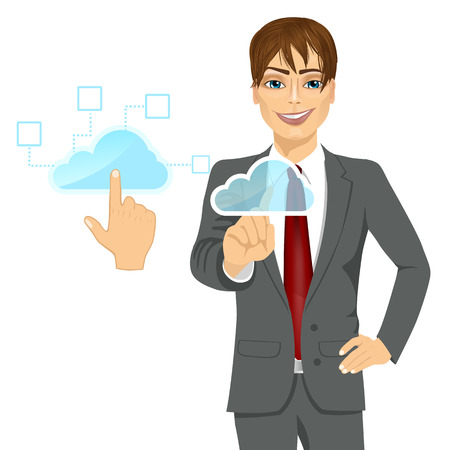 Futuristic display: cloud computing concept businessman touching the iconのイラスト素材