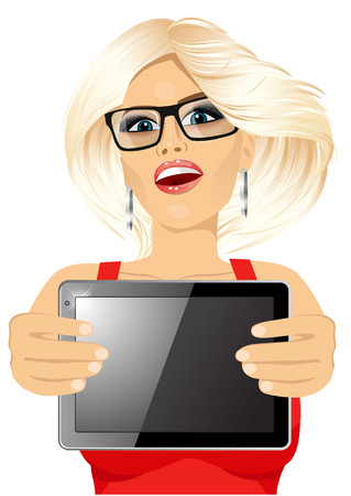 portrait of attractive blonde woman with glasses displaying tablet in horizontal position isolated on white backgroundのイラスト素材