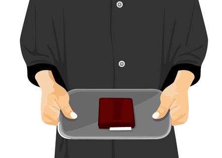 cropped illustration of waiter holding a tray with a check on itのイラスト素材