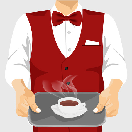 illustration of waiter serving cup of coffee on silver trayのイラスト素材