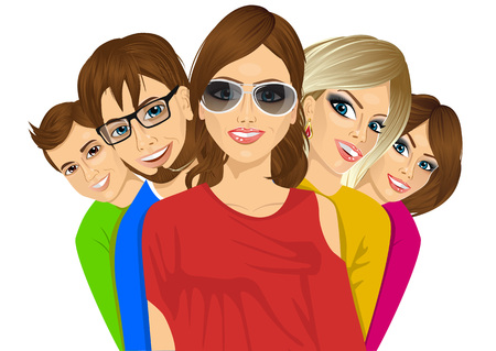 Group of happy young students in colorful t-shirts standing behind each other on white background.のイラスト素材