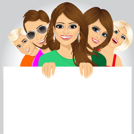 Group of happy young people  standing behind each other and displaying white placard for your textのイラスト素材