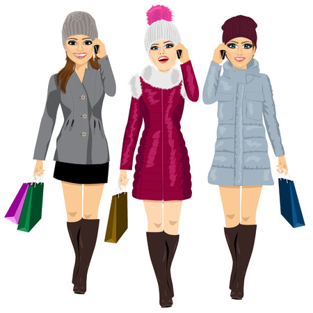 full length portrait of three young fashion women with shopping bags in winter clothes talking on the phone and walking forwardのイラスト素材