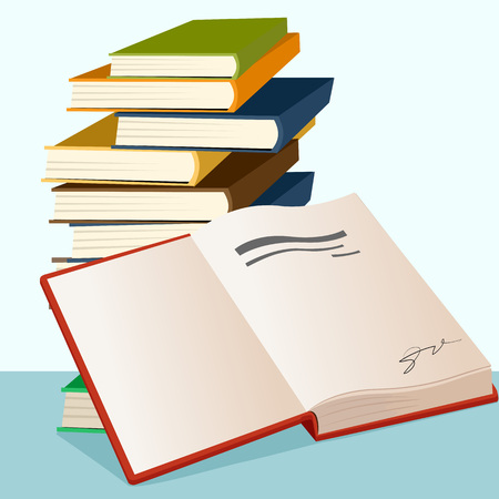 illustration of opened book lying near stack of booksのイラスト素材