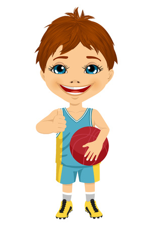 little boy dressed in basketball gear holding basketball and showing thumbs up isolated on white backgroundのイラスト素材