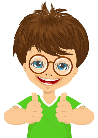 little boy with glasses showing two thumbs up isolated over white backgroundのイラスト素材