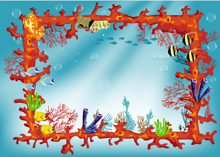 Coral reef frame border with colorful fishes. Illustration for the childrenのイラスト素材