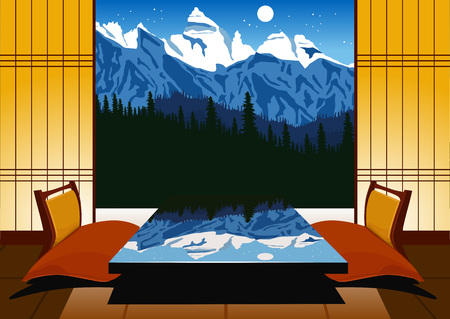 interior of traditional japanese interior Kyoto. Ryokan inn with mountains under night skyのイラスト素材