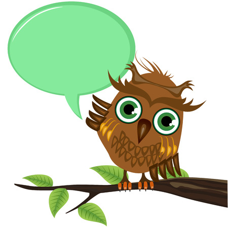 Owl on a branch with a blank speech bubble isolated over white backgroundのイラスト素材