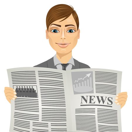 Handsome man reading a newspaper isolated on white backgroundのイラスト素材