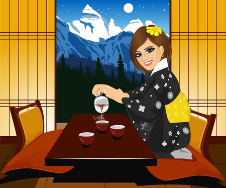 Attractive woman in kimono pouring tea. Interior of traditional japanese interior Kyoto. Ryokan inn with mountains under inght skyのイラスト素材