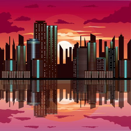 Sunset at city with building reflection in waterのイラスト素材