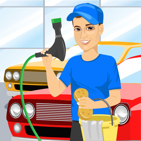 Smiling teen boy using a soapy sponge and hose to wash a car in carwash. Cleaning serviceのイラスト素材