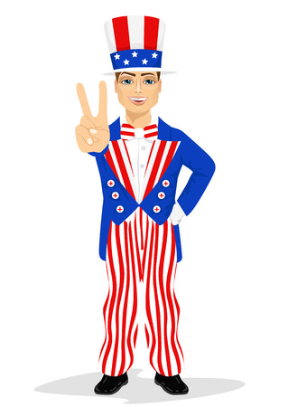 handsome man dressed up like Uncle Sam showing victory sign hand gesture. 4th of july costumeのイラスト素材
