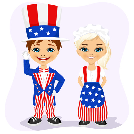 little boy and girl dressed up like Uncle Sam. 4th of july costumeのイラスト素材