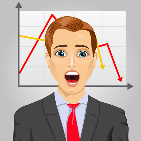 portrait of emotional crying businessman in economic crisis with line graph showing negative trendのイラスト素材