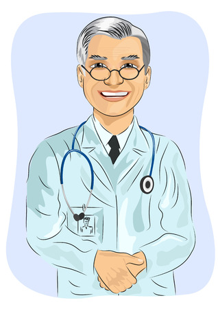 portrait of mature male doctor with glasses standing with his hands claspedのイラスト素材