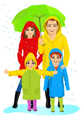 happy family in raincoats standing with umbrella in the rainのイラスト素材