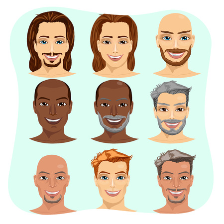 set of male avatar with different hairstylesisolated on blue backgroundのイラスト素材