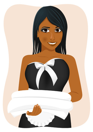 Hotel service. female african american housekeeping worker with towels and bedclothesのイラスト素材