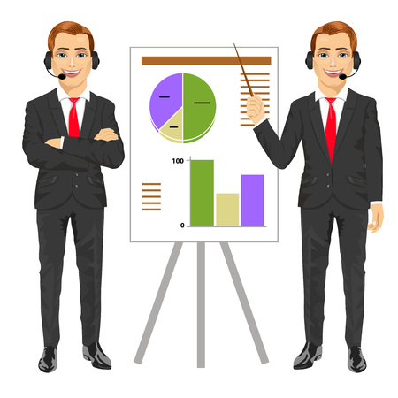 businessman standing near flip board pointing and explaining finances concept isolated over white backgroundのイラスト素材
