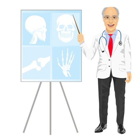 full length potrait of mature medical male doctor pointing on tomographyのイラスト素材