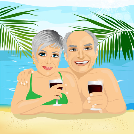 lovely senior couple drinking red wine lying on the beach enjoying retirement vacation timeのイラスト素材