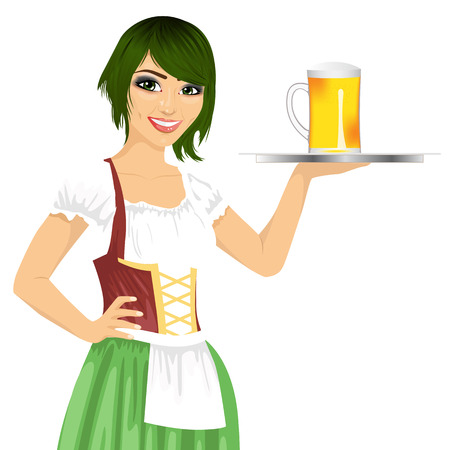 attractive waitress holding tray with beer mug for oktoberfest partyのイラスト素材