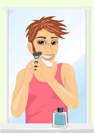 Portrait of young handsome man shaving isolated on white backgroundのイラスト素材