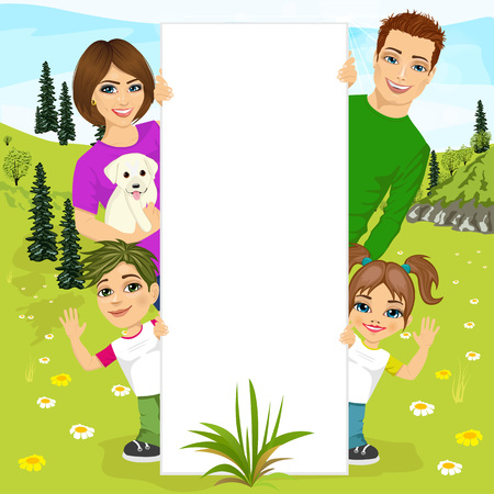 illustration of happy family behind a white blank billboard resting in natureのイラスト素材